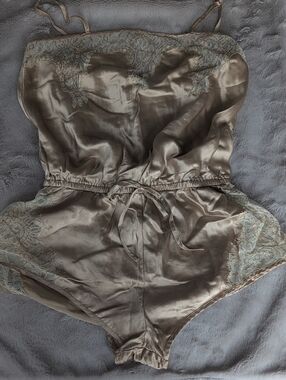 Elegant Lace-Trim Silk Satin Chemise Romper in Taupe